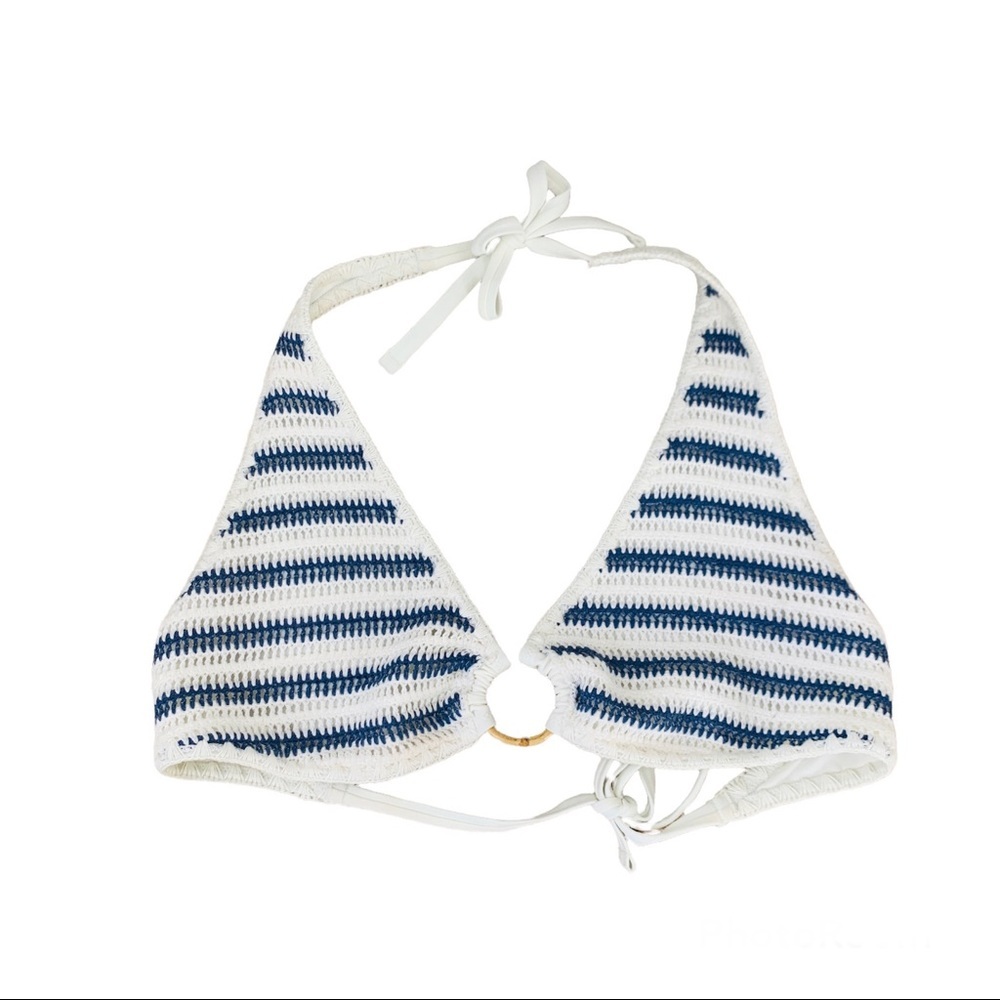 Aerie Women's Blue and White Crochet Halter Bikini Top - Size L
